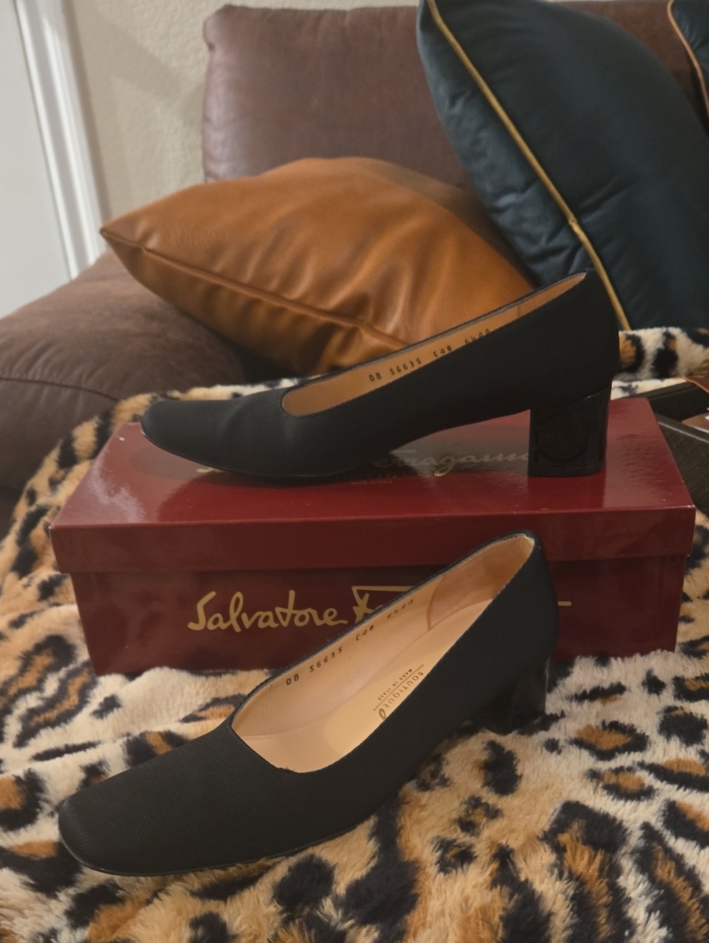 Salvatore Ferragamo Black Fabric Low Block Heel Pumps